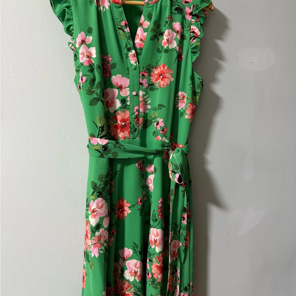 Vince Camuto Green Wrap Midi Dress with Flutter Sleeves
